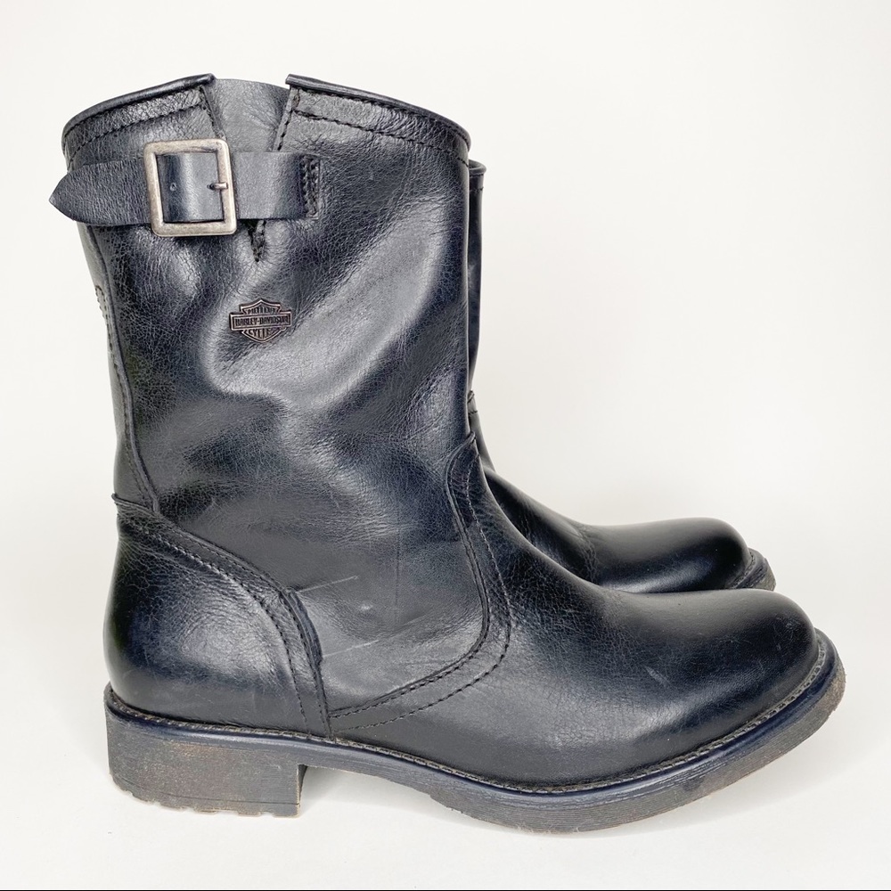 Harley Davidson Boots Black Moto Biker Leather Zip Up Buckle Low Heel Size 10